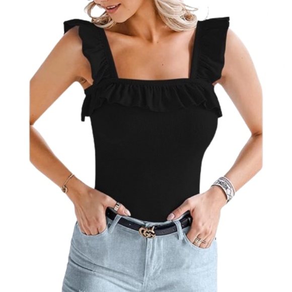 Women’s Ruffle Strap Sleeveless Square Neck Bodysuit Top - Picture 1 of 7